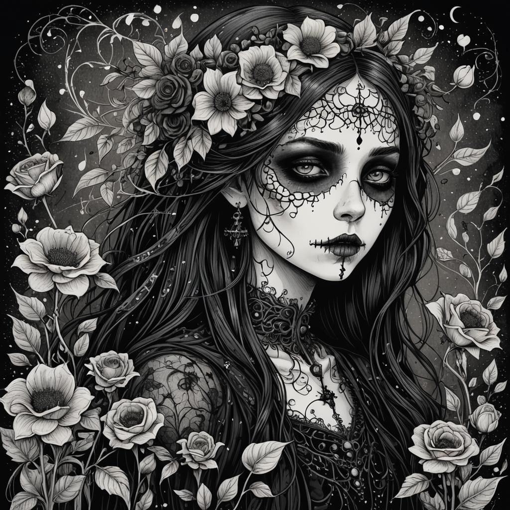 Goth Death Comforted by Flowers and Leaves