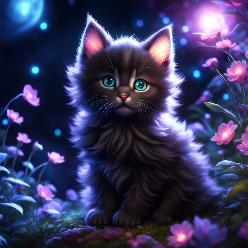 Glowing Kitten in Enchanted Garden, Detailed Digital Art