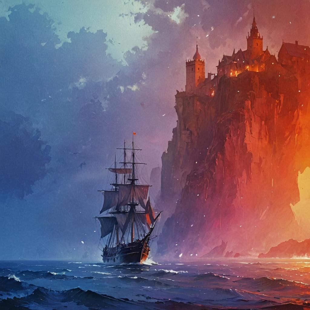 Galleon sailing ship rough sea coastal village background by...