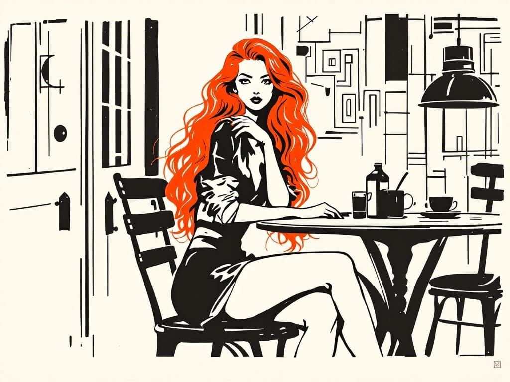 Fashionable Woman in Bold Woodblock Print Style