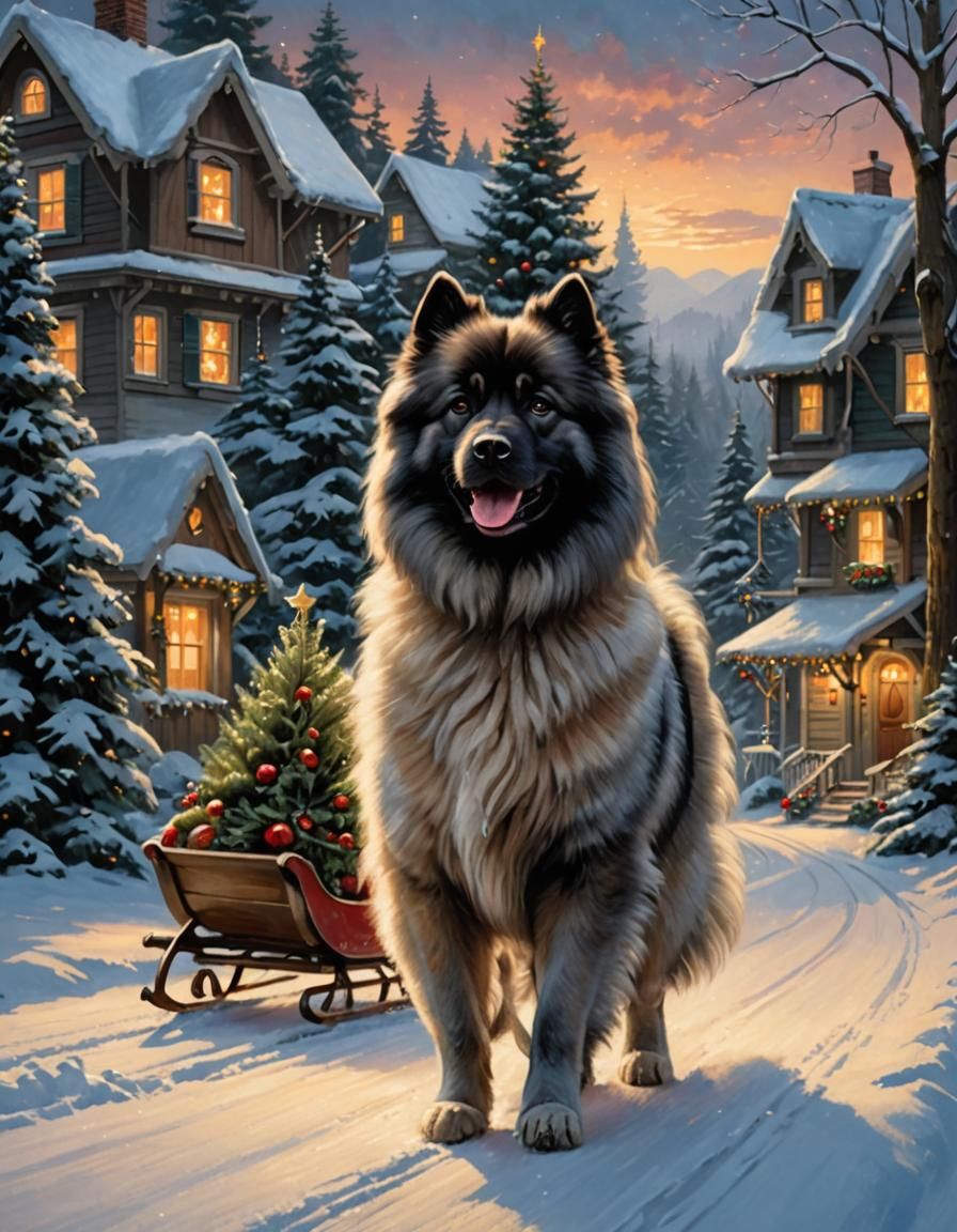 Keeshond Dog Pulling Christmas Sleigh in Kinkade Style