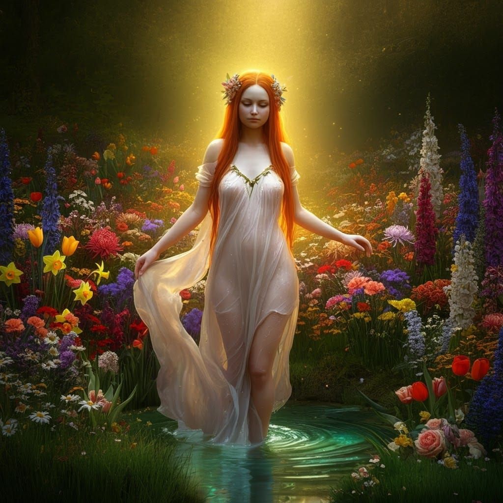 Nymph Emerges from Spring in Hyperrealistic Style