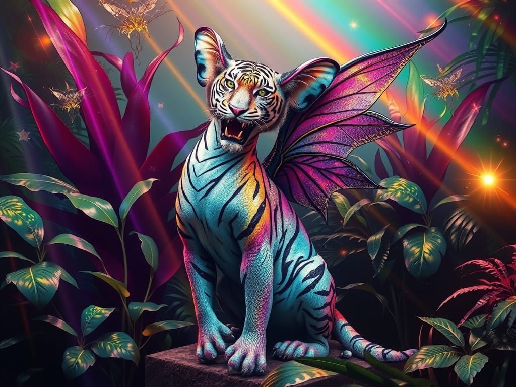Regal Fairy Dragon Tiger in Vibrant Jungle Realm with Irides...