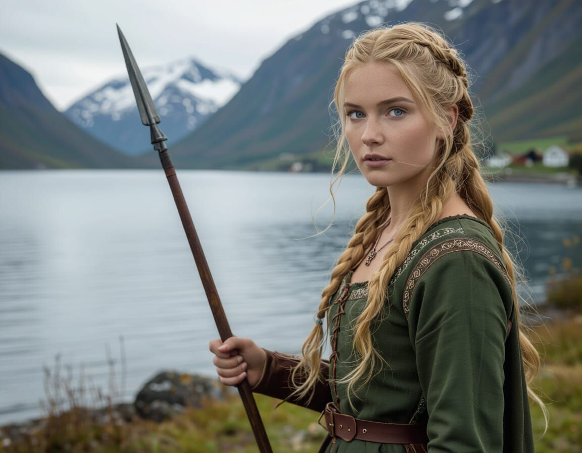 Norse Woman Surveys Majestic Fjord in Photorealistic Style