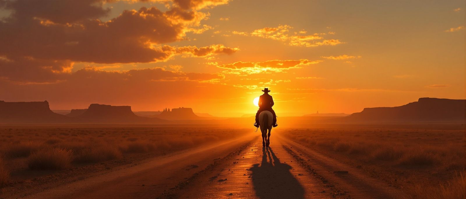Lone Cowboy Rides into Golden Sunset: Americana Pastoral