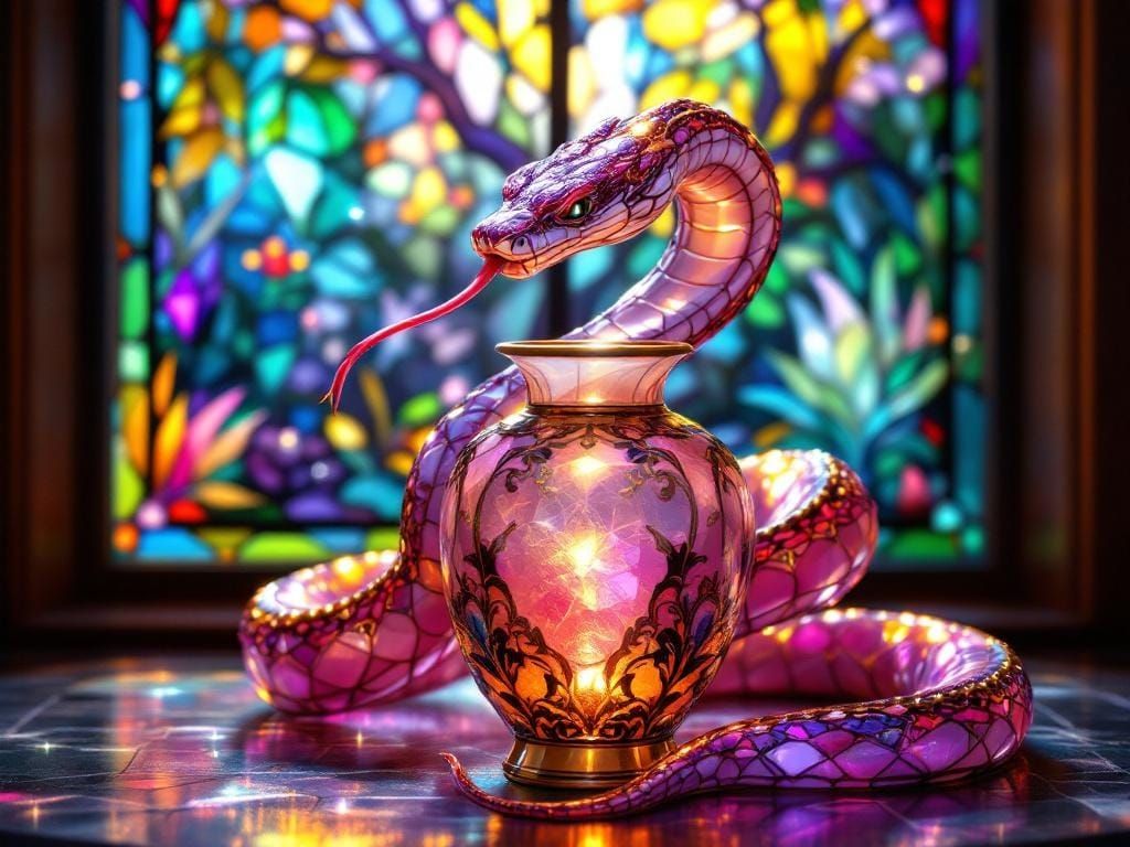 Shimmering Stained Glass Snake on Porcelain Vase