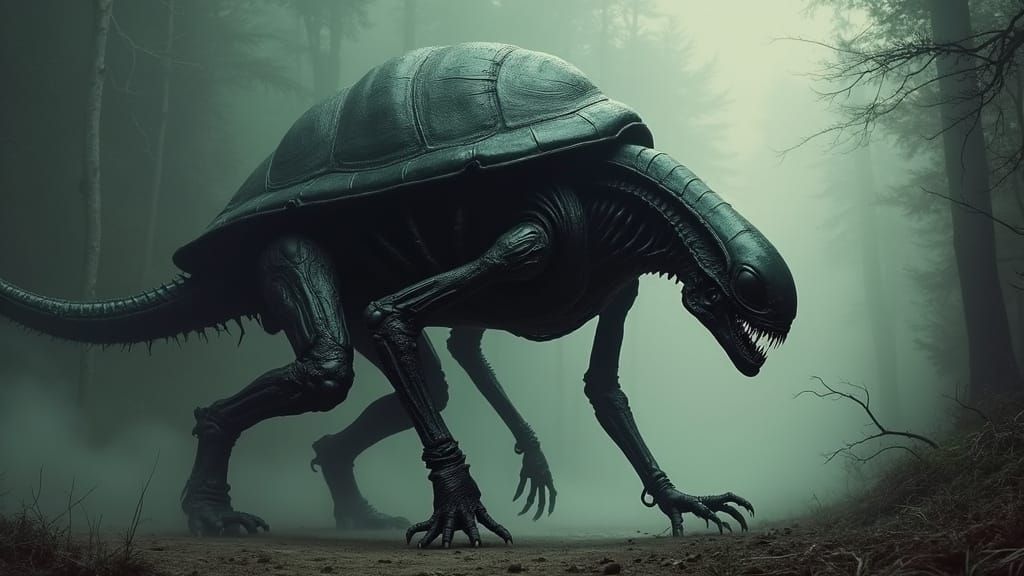 Sleek Xenomorph Emerge from Shadows in Dark, Biomechanical F...