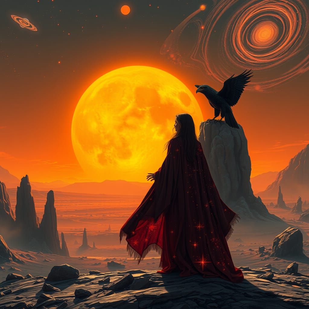 Solitary Woman on Alien Planet at Binary Sunset