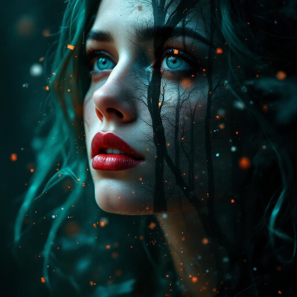 Dreamlike Portrait: Woman in Digital Forest