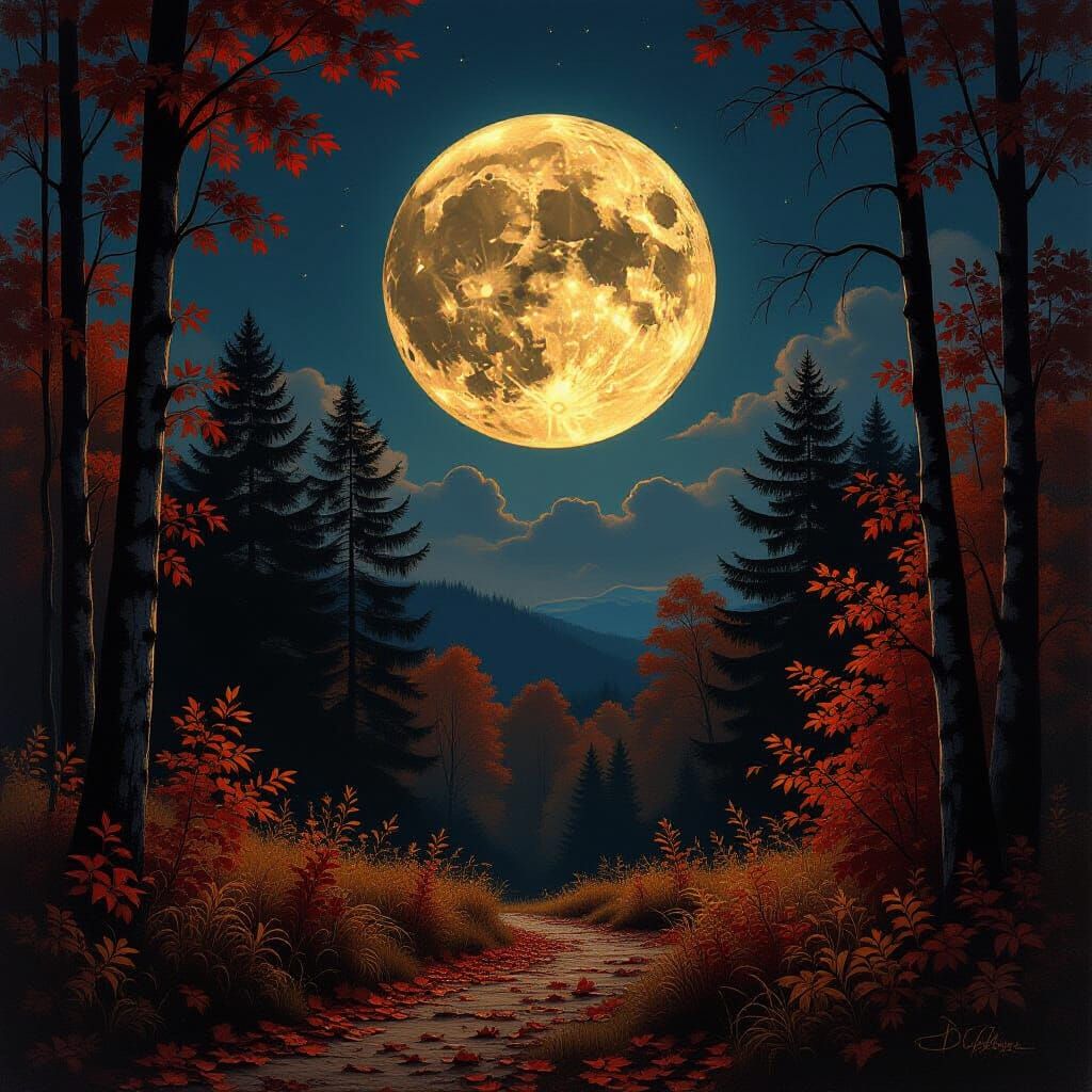 Majestic Hunters Moon Over Autumn Forest