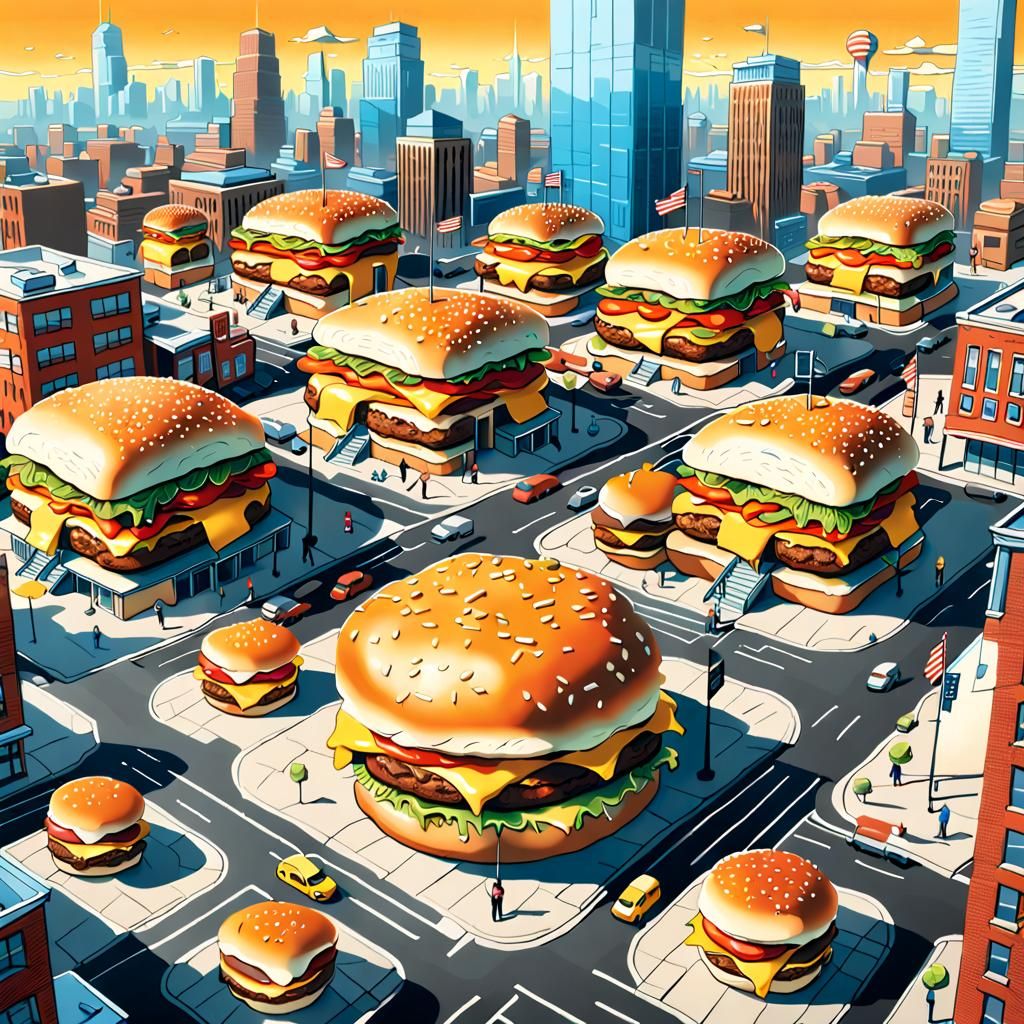 Cheeseburger City in Photorealistic Digital Art Style