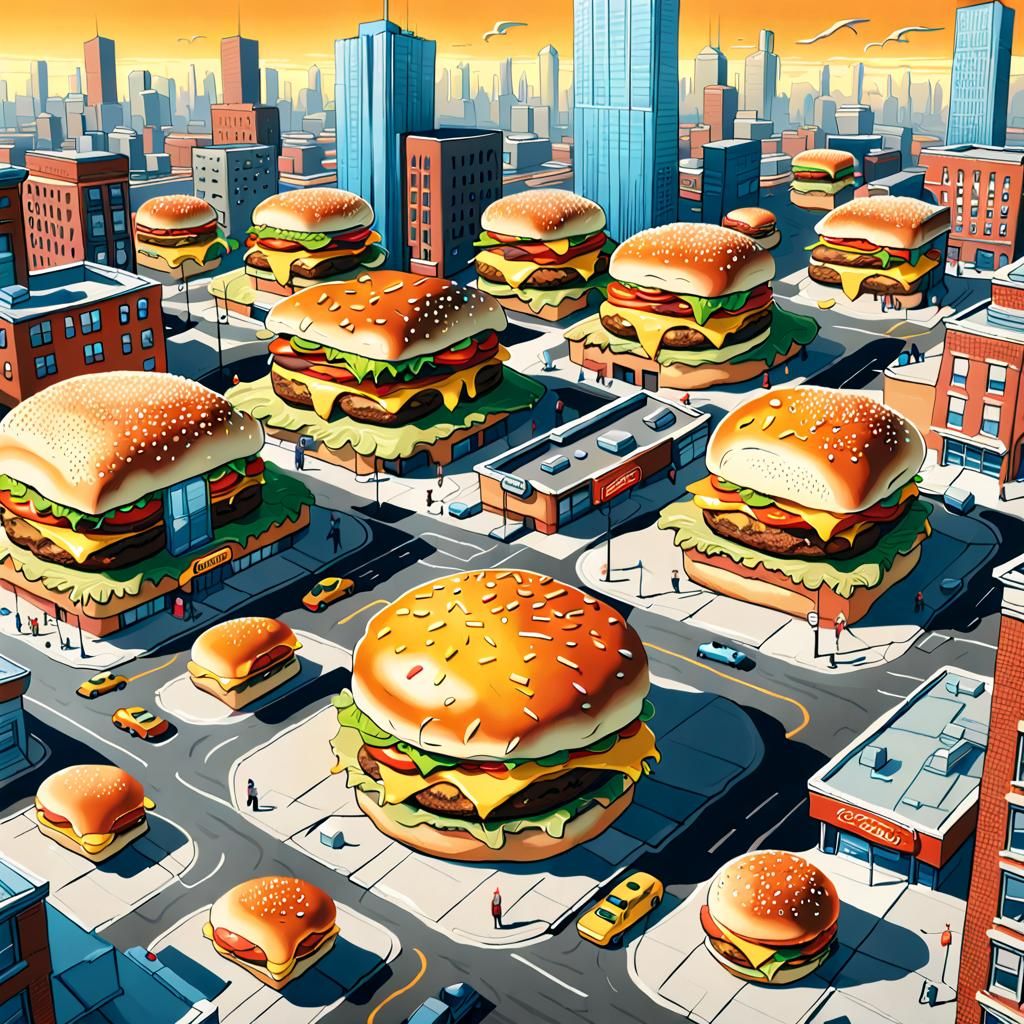 Cheeseburger City: Photorealistic Surrealist Digital Art