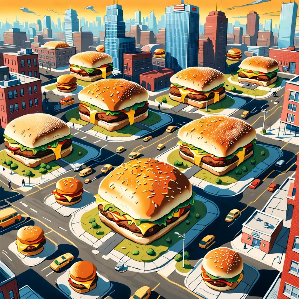 Cheeseburger City: Hyperdetailed Digital Illustration