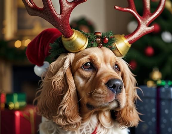 cocker spaniel with Christmas antlers headwear.  16k depth. ...