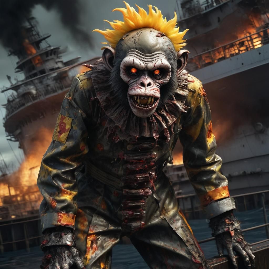 Cyberpunk-Inspired Zombie Monkey Monster in Sinking Battlesh...