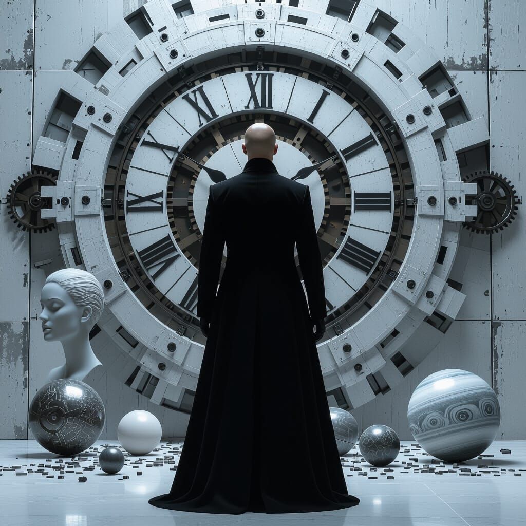 Futuristic Man Before Clockwork Structure in Sci-Fi Scene