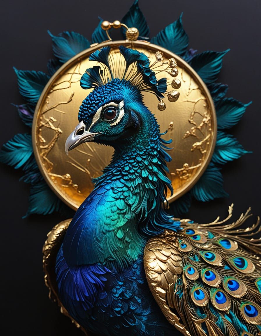 Surreal Baroque Peacock in Dark Gold Splendor