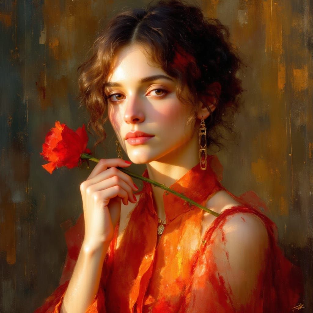 Elegant Woman with Red Rose in Digital Matte Painting