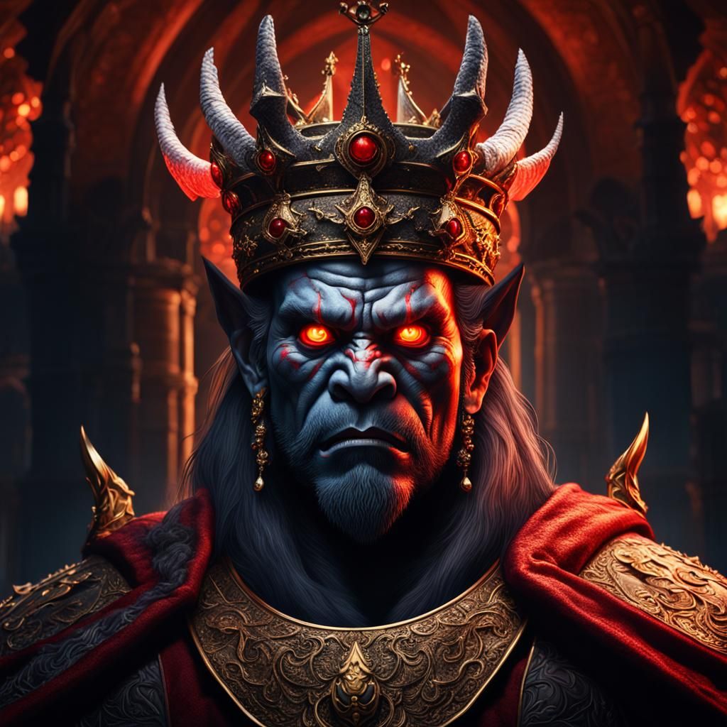 Photorealistic portrait of a majestic evil oni king.