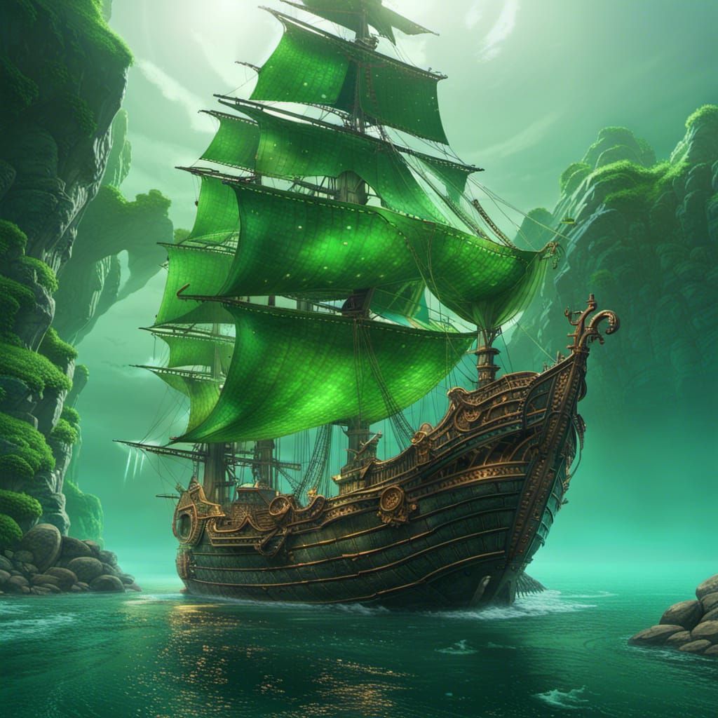 Green Fantasy Ship in Ocean Landscape