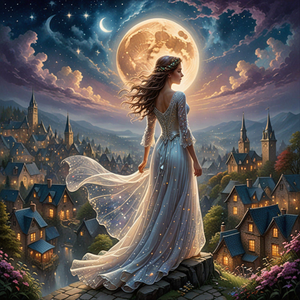 A Dreamy Embrace of the Celestial Realm in Vibrant Oil Paint...