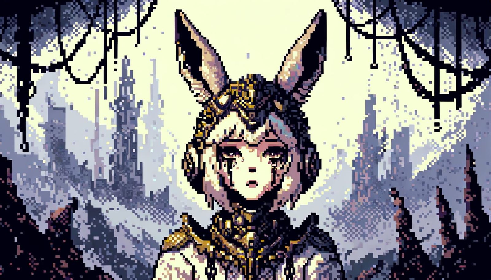 Crying Goddess with Bunny Ears in Pixel Art