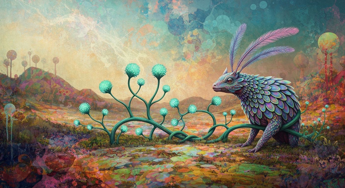 Surreal Animals in Dreamlike Landscape: Mixed Media Art