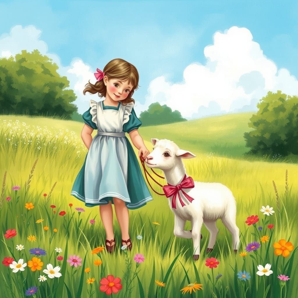 Whimsical Girl with Lamb in a Lush Meadow