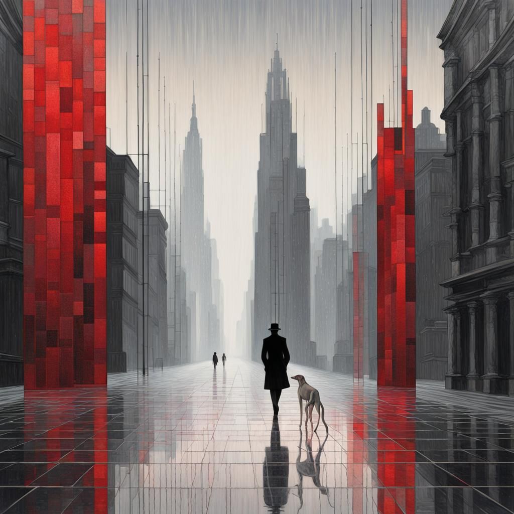 Abstract Cityscape with Figure in Futuristic Style