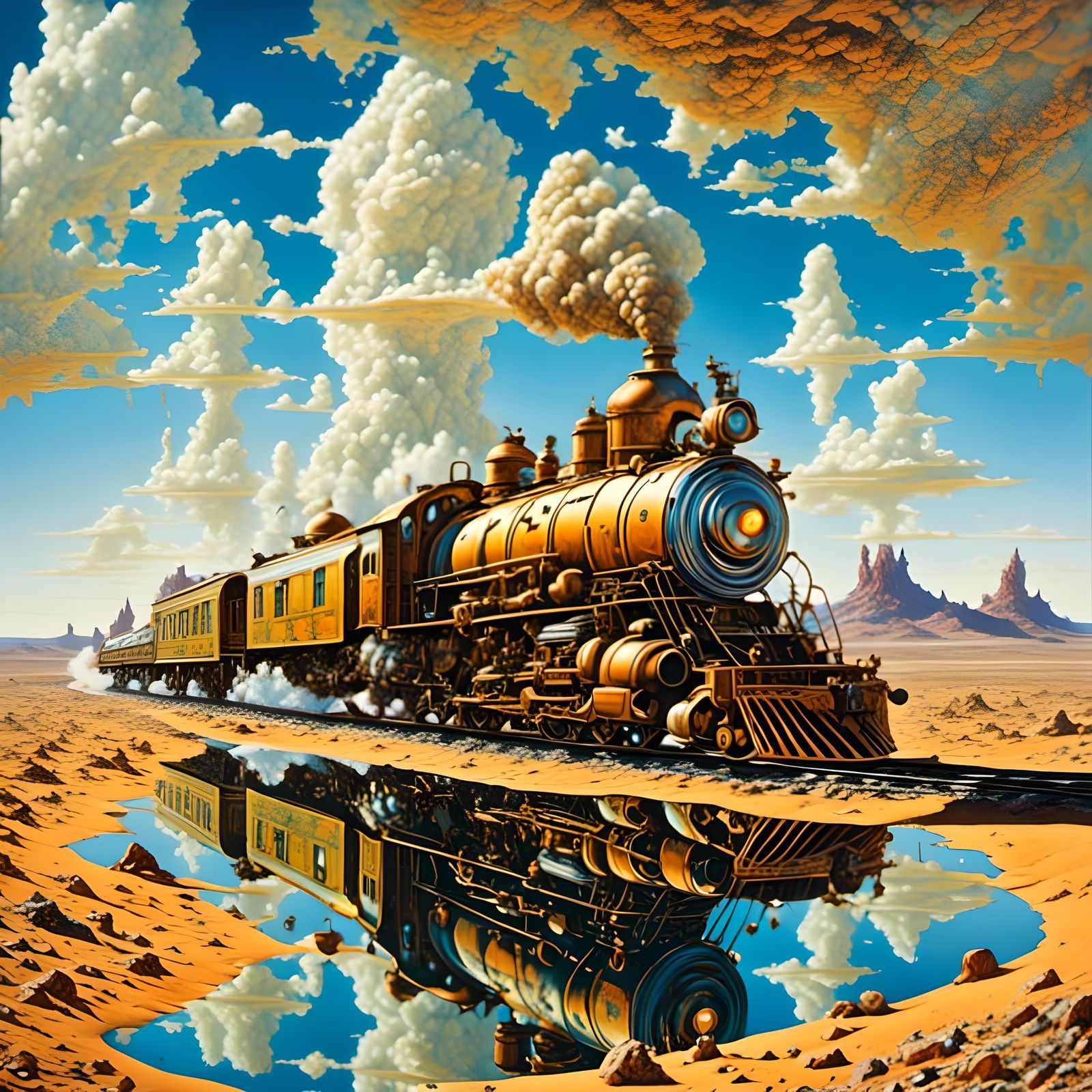 Surreal Desert Train in Space Reflection