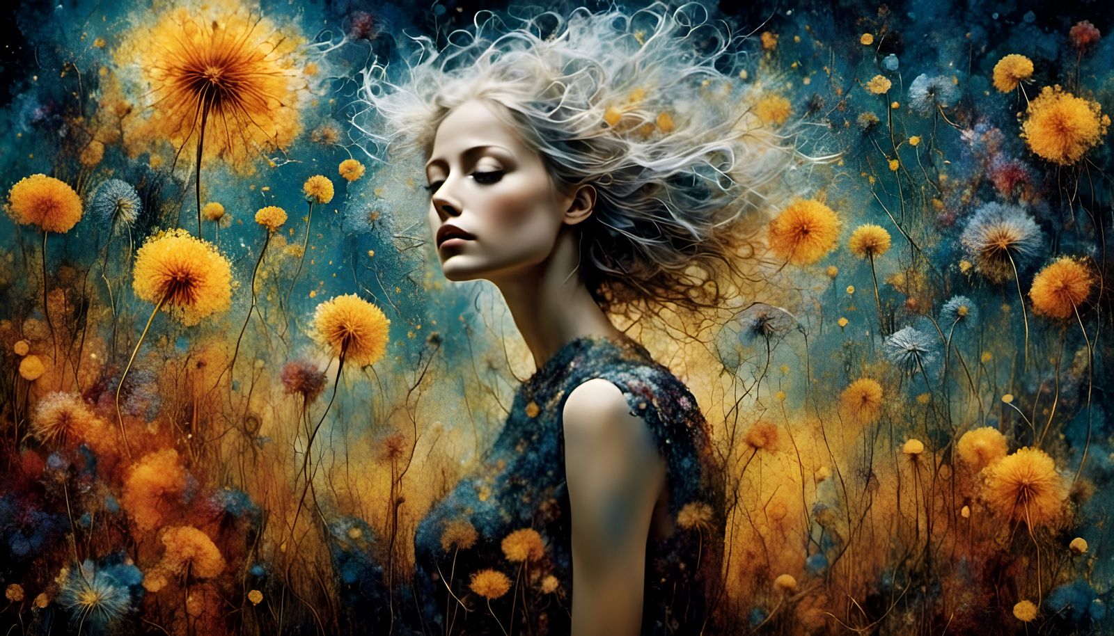 Dandelion Dreamscape with Fairies in Pointillism Style