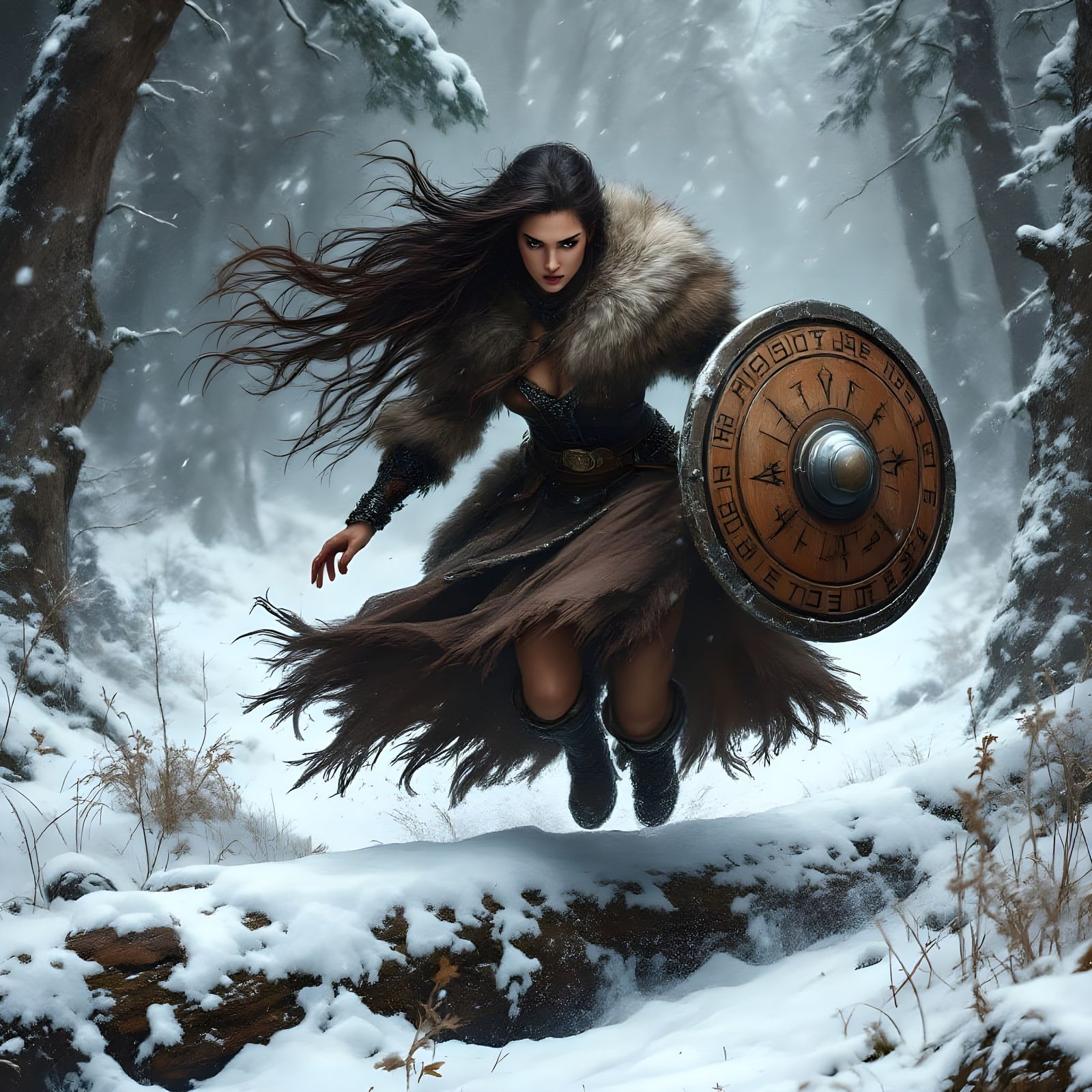 Norse Goddess Leaps Over Felled Log in Winter Woodland