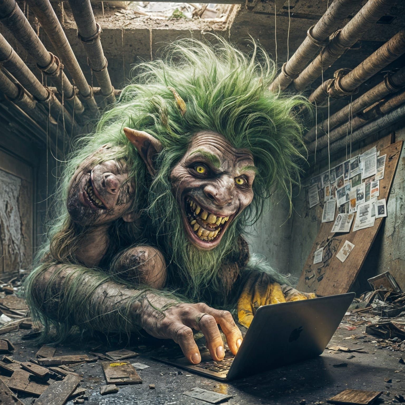 Grotesque Troll Trolls Laptop in Grimy Basement