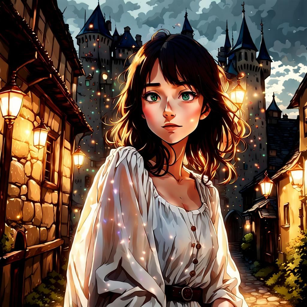 Brunette Floats Above Castle: Anime Art in Chiaroscuro Style
