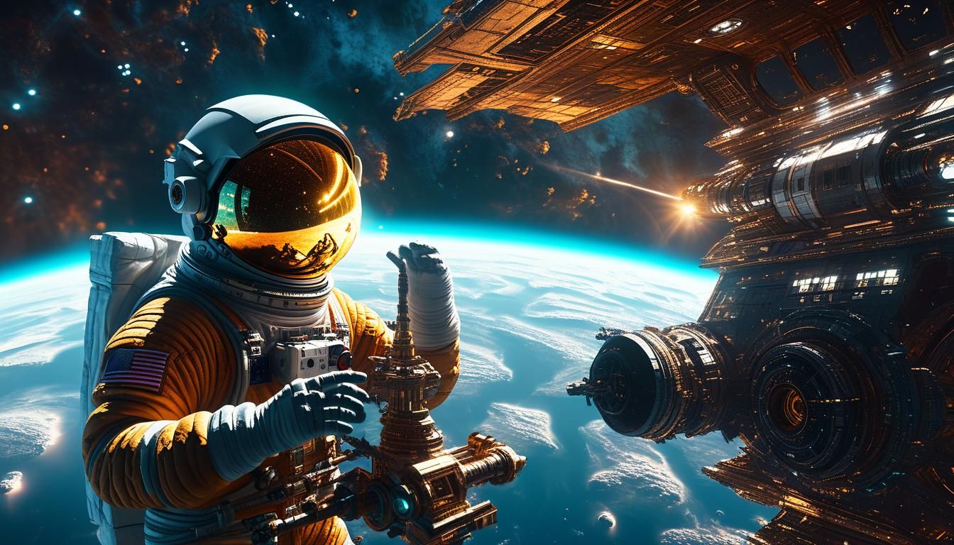 Astronaut Repairs Spaceship in Nebula: Matte Painting