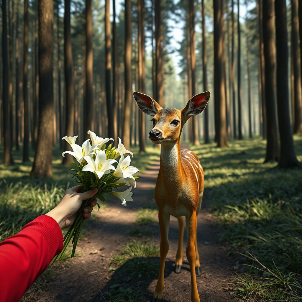 Deer Receives Lilies in Forest Scene