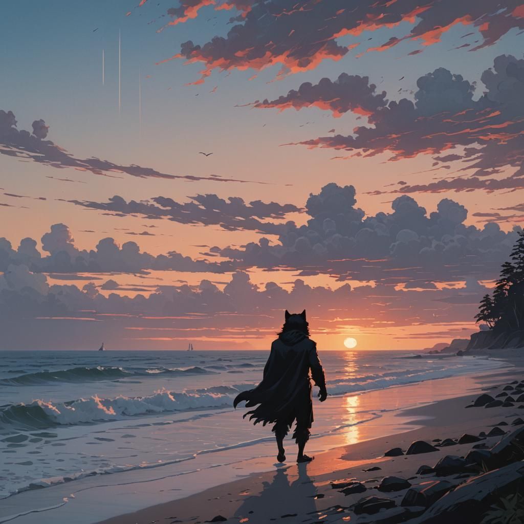 Lycanthrope at Dawn: Gouache Anime Illustration