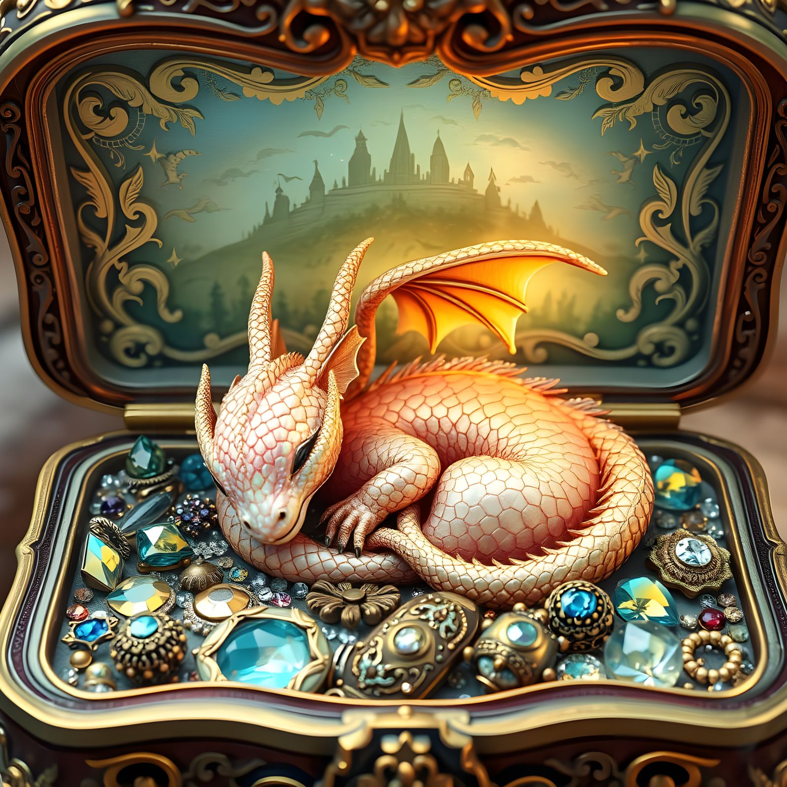 Miniature Baby Dragon in Vintage Music Box Wonderland