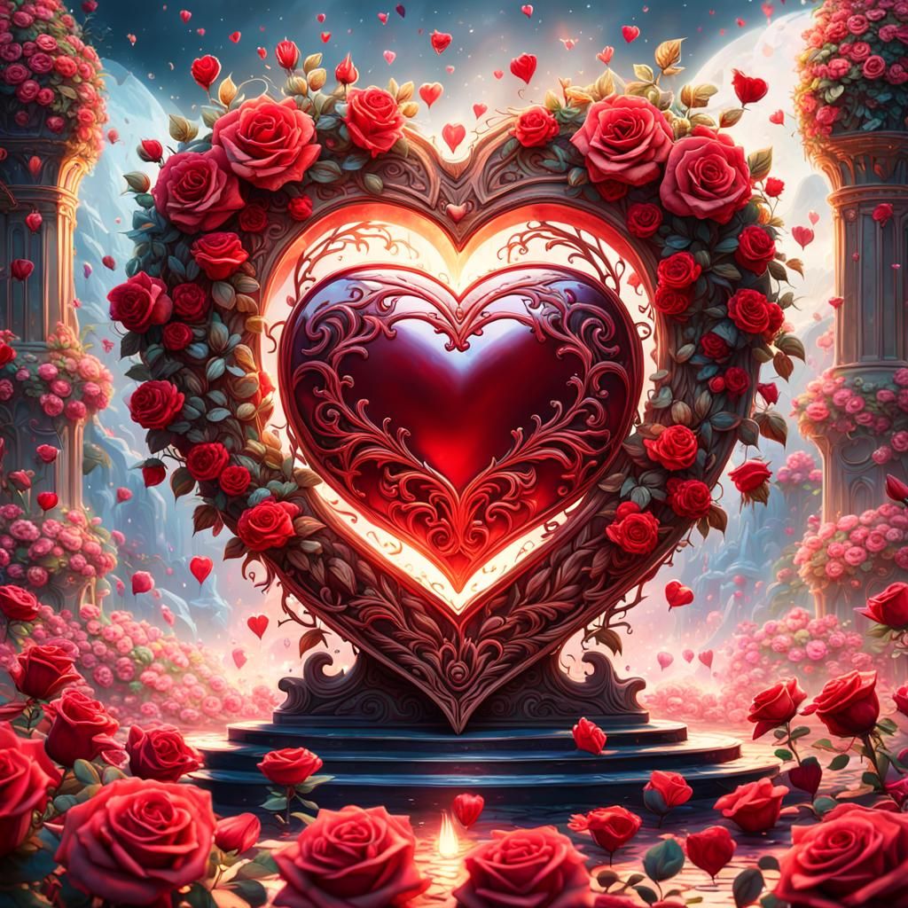 Ethereal Crimson Heart with Roses: Fantasy Art