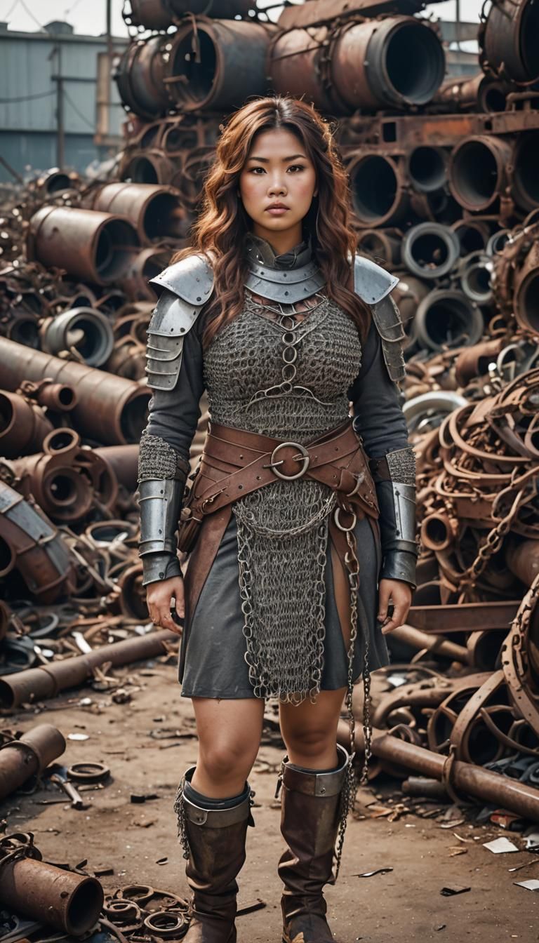 Curvy Asian Woman Guarding Scrap Spaceport