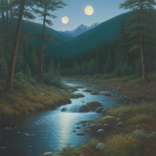 Forest Creek Under Moonlight: Oil Painting