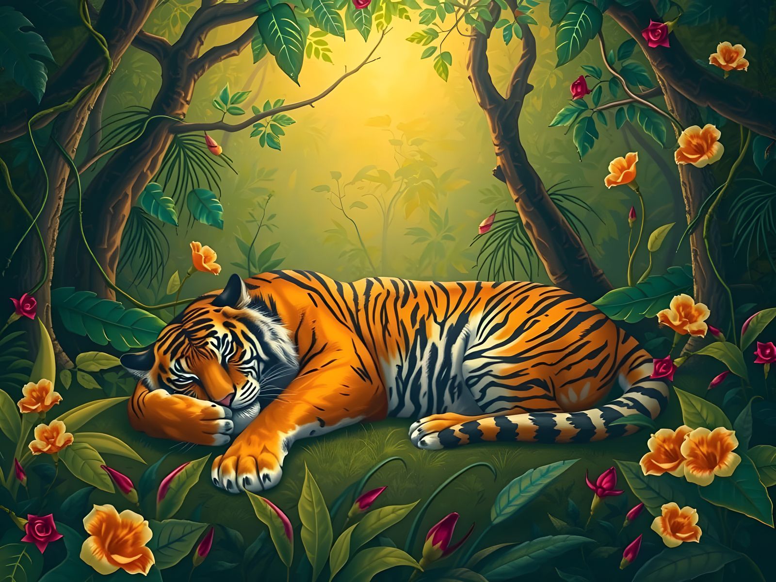 Surreal Jungle Tiger in Vibrant Naive Style