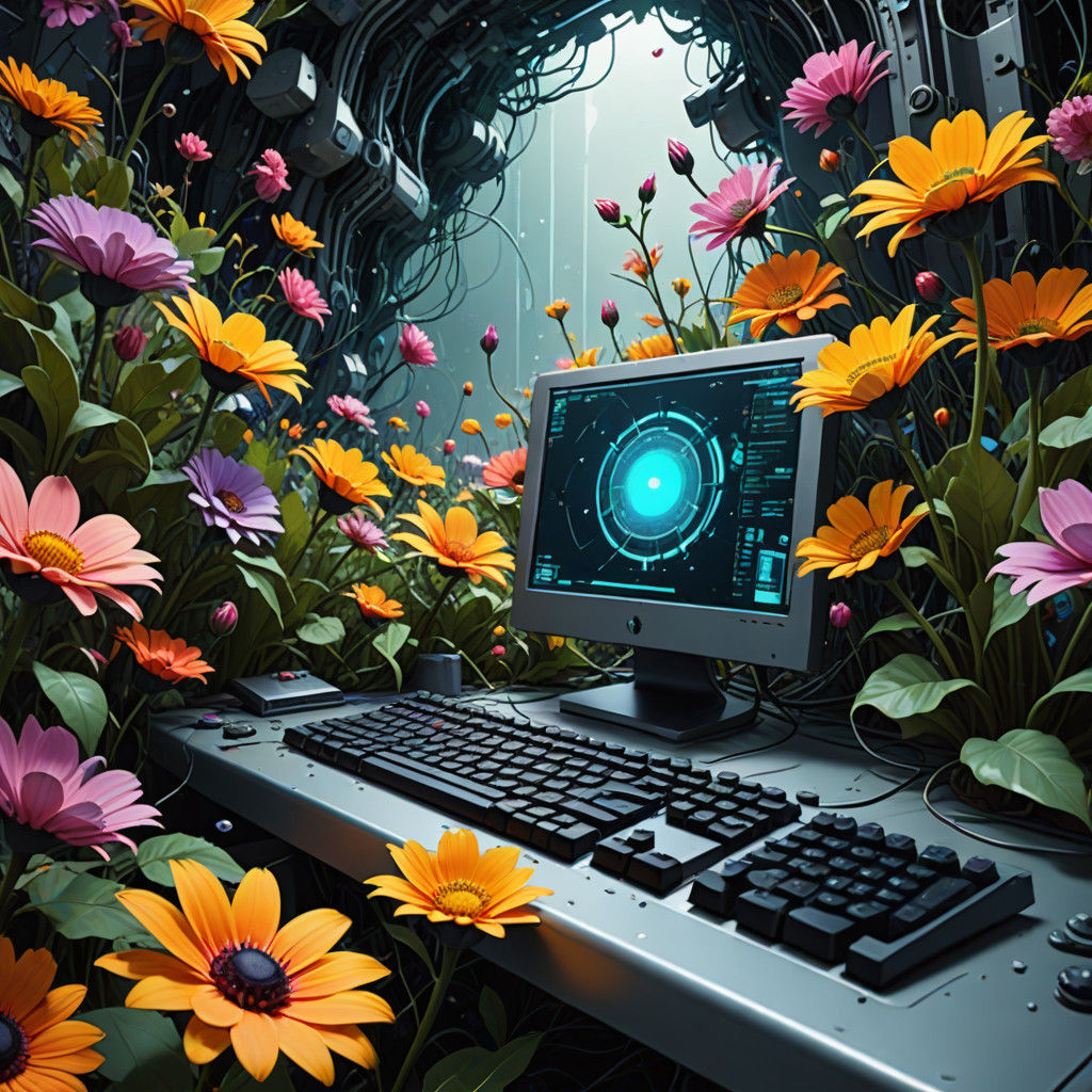 Floral Invasion of a Futuristic Computer