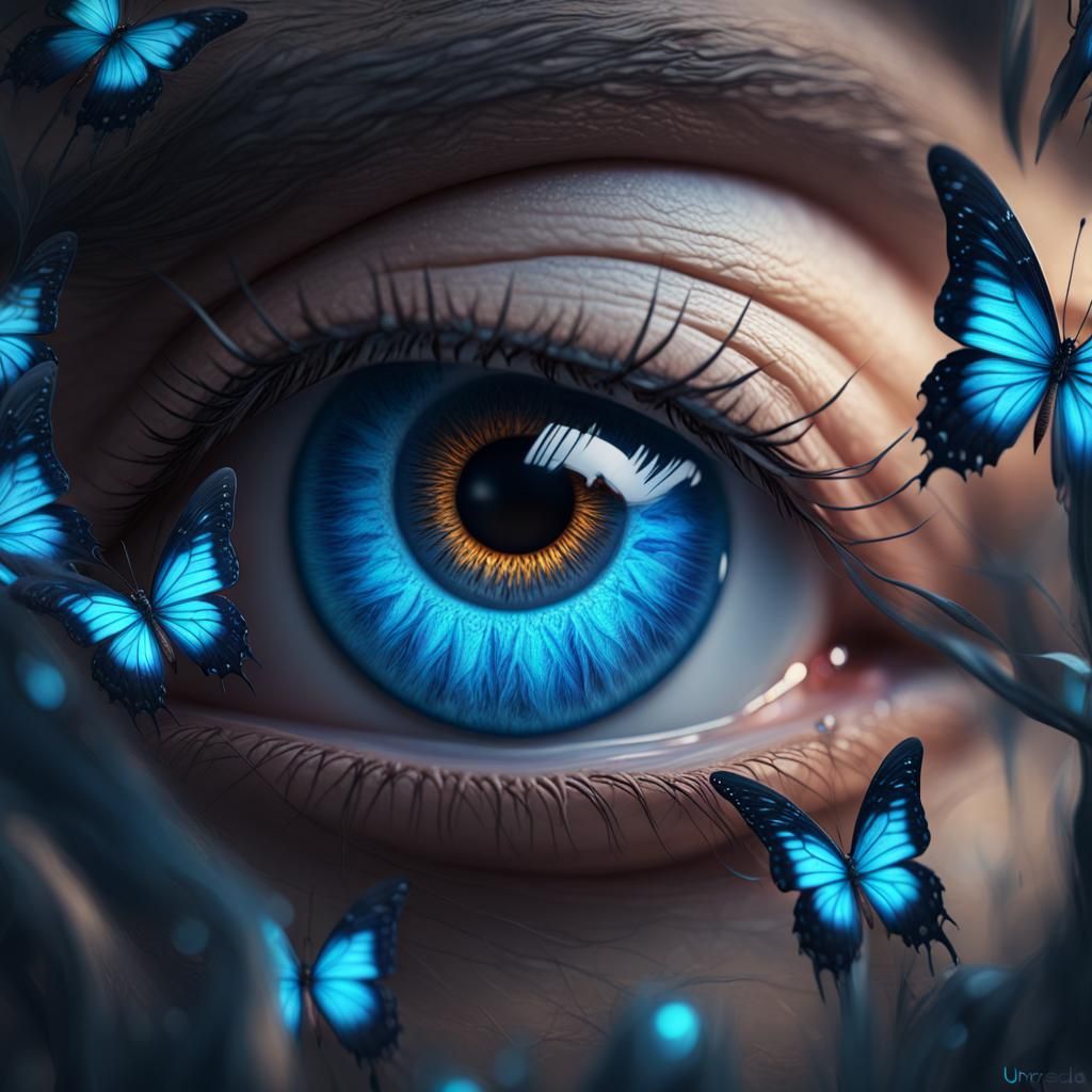 Neon Blue Butterfly Eye: Detailed Matte Painting