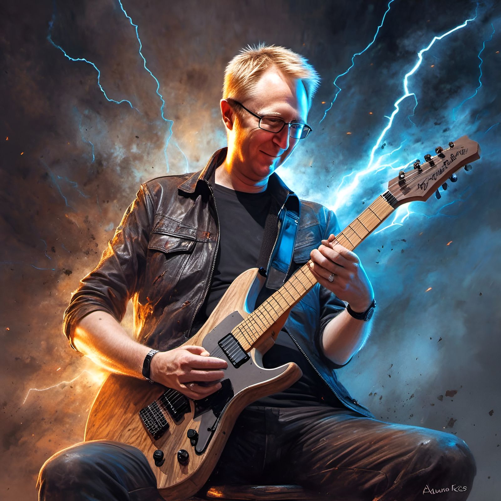 Muscular Guitarist with Gandalf in Digital Illustration