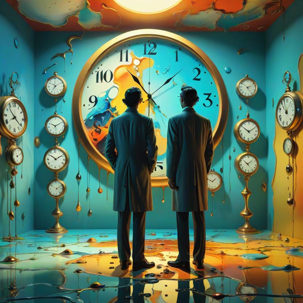 Surrealist Room with Melting Clocks in Digital Art
