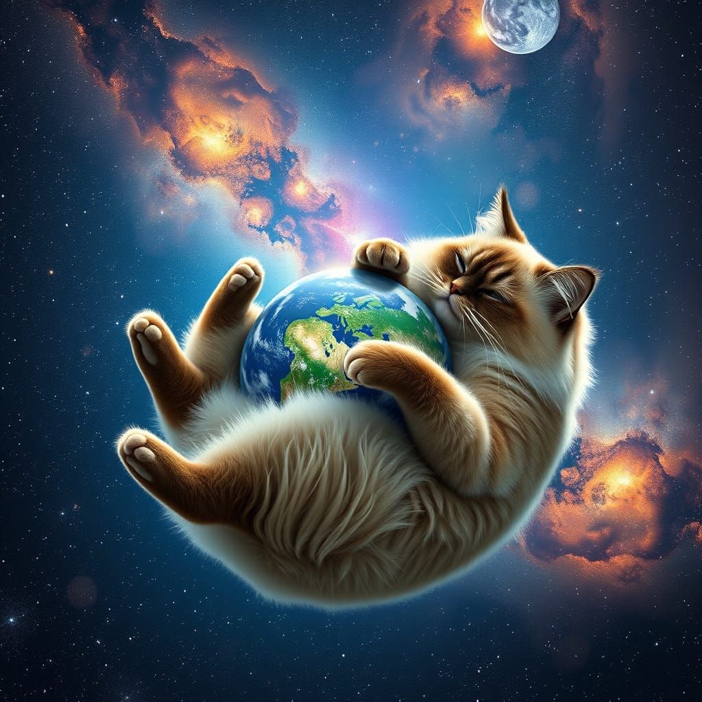 Colossal Birman Cat Holds Earth in Galaxy