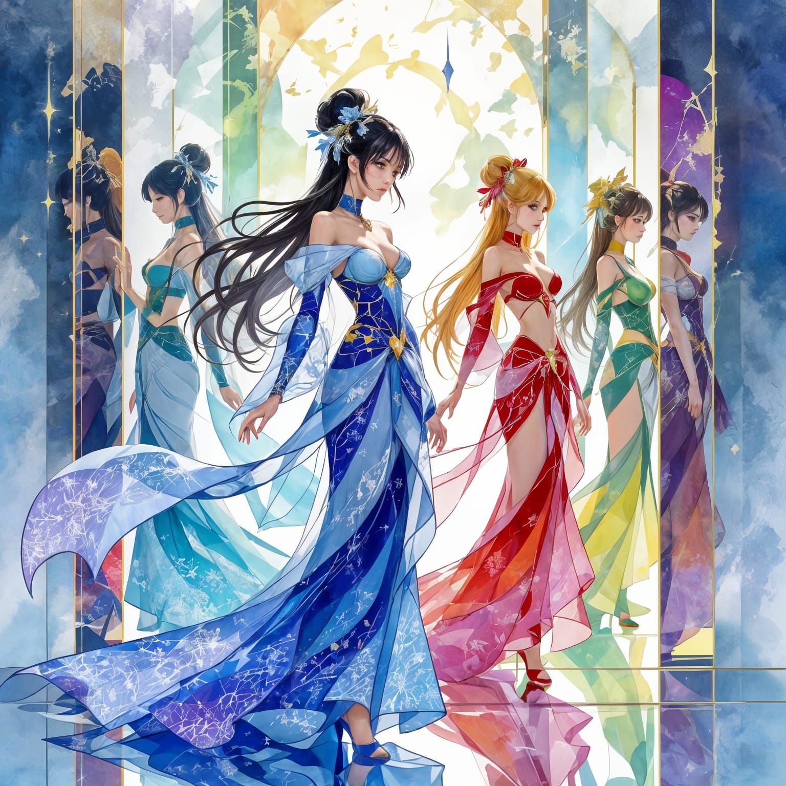 Kaleidoscope of Shimmering Genie Princesses in Watercolour S...