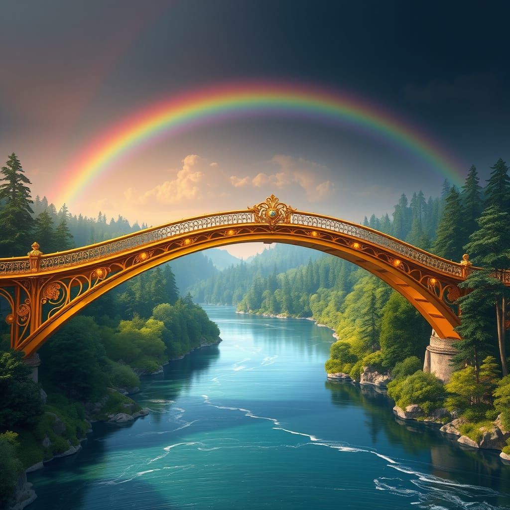 Majestic Golden Bridge Over Crystal Clear River