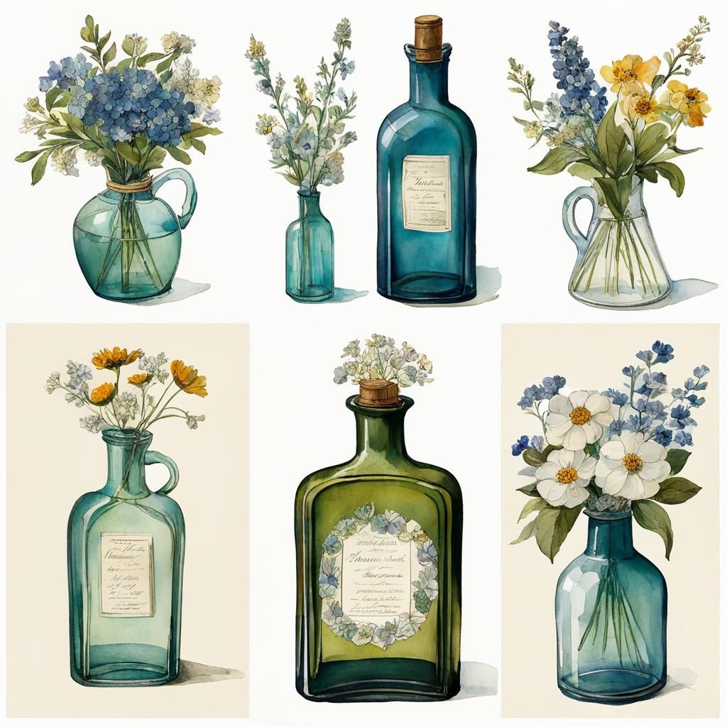 Vintage Bottle with Wildflower Bouquet, Watercolor Art